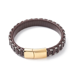 Brun De Noix De Coco Cuir bracelets de corde tressée, 304 fermoir magnétique en acier inoxydable, rectangle, or, brun coco, 8-5/8 pouce (22 cm), 12x6mm