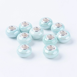 Turquoise Perles européennes en porcelaine faites à la main , avec noyaux double de couleur argente en alliage , rondelle, turquoise, 15x10~11mm, Trou: 5mm