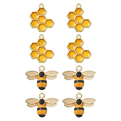 Color mezclado 8 piezas 2 colgantes de esmalte de aleación de estilo, Panal y abejas, la luz de oro, amarillo, 17.5~21x17.5~22.5x1.5~4 mm, agujero: 1.6~2 mm, 4 piezas / estilo