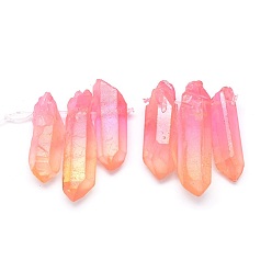 Pink Natural Dyed Quartz Pointed Pendants, Two Tone Color, Bullet, Pink, 24~40x5~10mm, Hole: 1mm, 3pcs/set