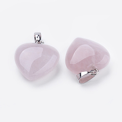 Quartz Rose Naturel a augmenté pendentifs en quartz, avec les accessoires en laiton, cœur, platine, 23x20x7~9mm, Trou: 5x8mm