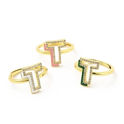 Letter T Mixed Color Enamel Initial Letter Adjustable Ring with Clear Cubic Zirconia, Real 18K Gold Plated Brass Jewelry for Women, Cadmium Free & Lead Free, Letter.T, US Size 5 1/4(16mm), Letter.T: 13.2x11mm