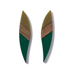 Vert Foncé Gros pendentifs en résine opaque et bois de noyer, charmes de feuilles, vert foncé, 53x11.5x3mm, Trou: 1.8mm