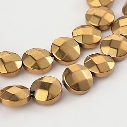 Golden Plated Electroplated Non-magnetic Synthetic Hematite Flat Round Bead Strands, Faceted, Golden Plated, 8x3.5mm, Hole: 1mm, about 51pcs/strand, 15.74 inch