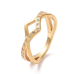 Oro Anillo de dedo de onda de diamantes de imitación de cristal, chapado de iones (ip) 304 joyas de acero inoxidable para mujer, dorado, tamaño de EE. UU. 7 (17.3 mm)