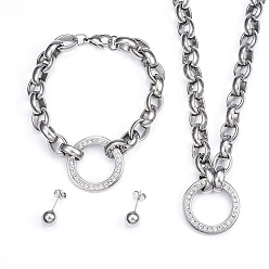 Stainless Steel Color 304 Stainless Steel Jewelry Sets, Necklaces & Link Bracelets & Stud Earrings, with Rhinestone, Flat Round, Stainless Steel Color, 17.72 inch(45cm), 8-1/4  inch(210mm), 20mm, Pin: 0.8mm