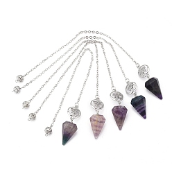 Fluorite Natural Fluorite Hexagonal Pointed Dowsing Pendulums, with Platinum Plated Brass Findings, Aum/Om Symbol & Cone, 230x2x0.1mm