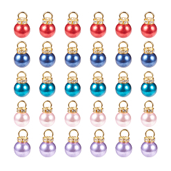 Mixed Color Acrylic Imitation Pearl Pendants, with Rhinestone Beads and Iron Findings, Golden, Round, Mixed Color, 19~20x12mm, Hole: 4.5mm, 10pcs/color, 50pcs/set