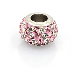 Light Rose 304 Stainless Steel Polymer Clay Rhinestone European Beads, Large Hole Rondelle Beads, Light Rose, 11x7.5mm, Hole: 5mm