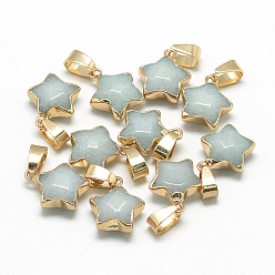 White Jade Natural Gemstone Pendants, with Iron Pinch Bail, Faceted, Dyed, Star, Golden, 16x13x6~7mm, Hole: 4x7mm