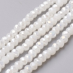 Blanc Perles en verre electroplate, plein arc-en-plaqué, facette, rondelle, blanc, 4~4.5x3mm, Trou: 0.5mm, Environ 130~135 pcs/chapelet, 15.5~16 pouce (39~40 cm)