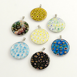 Mixed Color Handmade Millefiori Glass Pendants, with Platinum Tone Brass Findings, Flat Round, Mixed Color, 34x30x4mm, Hole: 4mm
