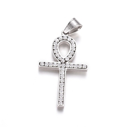 Stainless Steel Color 304 Stainless Steel Pendants, with Crystal Rhinestone, Religion, Ankh Cross, Stainless Steel Color, 44.5x25x3.5mm, Hole: 5.5x7.5mm