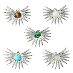 Mixed Stone Natural & Synthetic Mixed Gemstone Pendants, 304 Stainless Steel Wing Charms with Jump Rings, 27x42.5x5.6~5.9mm, Hole: 2.6mm