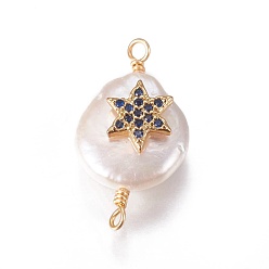 Marine Blue Natural Cultured Freshwater Pearl Pendants, for Jewish, with Cubic Zirconia and Brass Findings, Flat Round with Star of David, Golden, Marine Blue, 19~23x12~14mm, Hole: 1.6mm