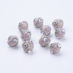 Pink Perles rondes main indonésie, avec cabochons de verre et de métal couleur argent doubles noyaux en alliage d'antiquités, rose, 14~15x15~16mm, Trou: 2mm
