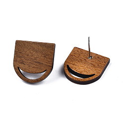 Peru Walnut Wood Stud Earring Findings, with Hole and 304 Stainless Steel Pin, Half Oval, Peru, 17x16.5mm, Pin: 0.7mm