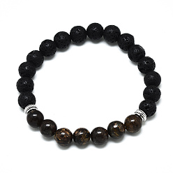 Bronzite Natural Bronzite Beads Stretch Bracelets, with Synthetic Lava Rock Beads and Alloy Beads, Round, Inner Diameter: 2-1/8 inch(5.5cm), Beads: 8.5mm