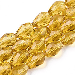Verge D'or Chapelets de perles en verre, facette, goutte , verge d'or, 11x8mm, Trou: 1mm, Environ 57~59 pcs/chapelet, 26.38~26.77 pouce