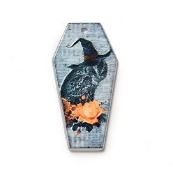 Owl Halloween Printed Acrylic Pendants, Coffin Charm, Owl, 41x21x2.5mm, Hole: 1.8mm