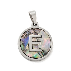 Letter E 304 Stainless Steel with Paua Shell Pendants, Stainless Steel Color, Flat Round with Letter Charm, Letter.E, 18x16x1.5mm, Hole: 3x6mm