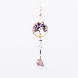 Amethyst Natural Amethyst Flat Round with Tree of Life Pendant Decorations, with Glass Beads, for Car Hanging Ornament, 350mm