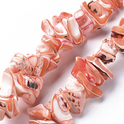 Light Salmon Natural Trochid Shell/Trochus Shell Bead Strands, Dyed, Nuggets, Light Salmon, 8~16x7~13x2~15mm, Hole: 1.2mm, about 39~46pcs/strand, 6.89 inch~7.28 inch(17.5~18.5cm)