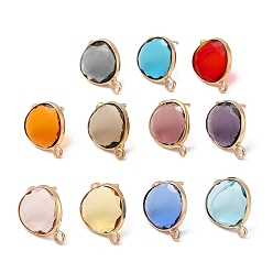 Mixed Color Brass Stud Earring Findings, with Glass and 304 Stainless Steel Pins & Horizontal Loops, Light Glod, Flat Round, Mixed Color, 17~18x13x3mm, Hole: 1.8mm, Pin: 0.8mm
