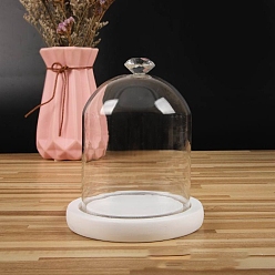 Blanc Couvercle de dôme en verre transparent en forme de losange, vitrine décorative, terrarium cloche cloche avec base en bois, blanc, 90x130mm