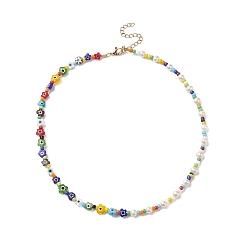 Colorido Collar de perlas naturales y millefiori y cuentas de vidrio de semilla para mujer, colorido, 15.67 pulgada (39.8 cm)