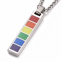 Couleur Acier Inoxydable Style fierté 201 colliers pendentifs en acier inoxydable, avec des chaînes d'émail et de fer, rectangle, colorées, couleur inox, 24.02 pouce (61 cm)
