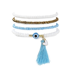 Sky Blue 4Pcs 4 Style Glass Seed & Resin Evil Eye Beaded Stretch Bracelets Set, Alloy Enamel Heart & Tassel Charms Stackable Bracelets, Sky Blue, Inner Diameter: 2~2-1/8 inch(5.1~5.25cm), 1Pc/style