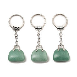 Aventurine Verte Porte-clés pendentif de sac en aventurine verte naturelle, avec les accessoires en laiton de tonalité de platine, pour sac bijoux cadeau décoration, 7.4 cm