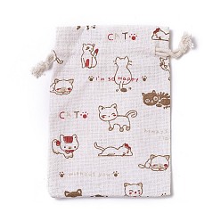 Blanc Pochettes d'emballage de chaton en toile de jute, sacs à cordonnet, rectangle avec motif de chat de dessin animé, blanc, 14.3~14.6x10~10.2 cm