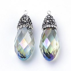 Colorful Electroplate Glass Pendants, with Rhinestone and Iron Findings, Faceted, Platinum, teardrop, Colorful, 32~33x12mm, Hole: 1mm