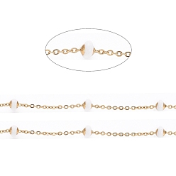 White Stainless Steel Satellite Chains, with Enamel Beads and Spool, Soldered, Long-Lasting Plated, Flat Round, Golden, White, 1.5x1.2x0.3mm, about 32.8 Feet(10m)/roll