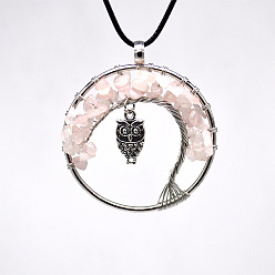 Quartz Rose Colliers avec pendentif arbre de vie en copeaux de quartz rose naturel, collier hibou en laiton avec cordes cirées, 19.69 pouce (50 cm)
