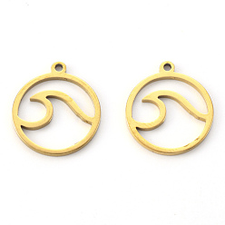 Golden Vacuum Plating 201 Stainless Steel Pendants, Laser Cut, Round Ring with Wave, Golden, 17x15x1mm, Hole: 1mm