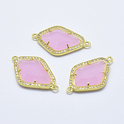 Pearl Pink Brass Micro Pave Cubic Zirconia Links, with Glass, Faceted, Rhombus, Golden, Pearl Pink, 33x20x5mm, Hole: 1.6mm