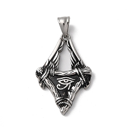 Antique Silver 304 Stainless Steel Pendants, Wing with Eye of Horus Charms, Antique Silver, 43.5x28x5mm, Hole: 9x5mm