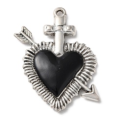 Heart Alloy Pendants, with Black Enamel, Antique Silver, One Arrow Through the Heart Charm, 38.5x30x4mm, Hole: 2mm