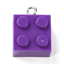 Violet Bleu  Pendentifs de résine, avec boucle en fer platine, briques de jouets, bleu violet, 21x15.5x11mm, Trou: 2.6mm