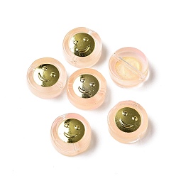 Light Salmon Transparent Spray Painted Glass Beads, with Golden Brass Findings, Flat Round with Smile, Light Salmon, 11.5x4mm, Hole: 1.2mm