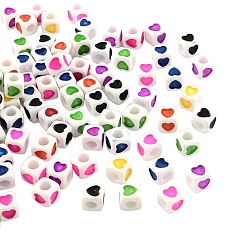 Mixed Color White Opaque Acrylic European Beads, Large Hole, Cube with Mixed Color Heart Pattern, 7x7x7mm, Hole: 4mm, about 760pcs/200g