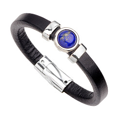 Lapis Lazuli Natural Lapis Lazuli Flat Round Link Bracelet with Imitetion Leather Cords and Metal Magnetic Clasps, 9-1/4 inch(23.5cm)