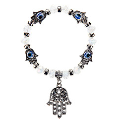 White Lampwork Evil Eye & Glass Beaded Stretch Bracelet with Alloy Hamsa Hand Charm for Women, White, 7-1/2 inch(19cm)