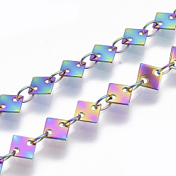 Rainbow Color Ion Plating(IP) 304 Stainless Steel Link Chains, Rhombus Sequin Chains, Soldered, Rainbow Color, rhombus: 5.5x5.5x0.3mm, link: 3.6x2.3x0.3mm, about 39.37 inch(1m)/strand