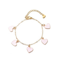 Pink Alloy Enamel Heart Charms Bracelet, Valentine Theme Brass Jewelry for Women, Pink, 6-3/4 inch(17cm)