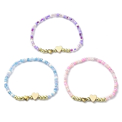 Mixed Color 3Pcs 3 Color Non-magnetic Synthetic Hematite Heart & Glass Seed Beaded Stretch Bracelets Set, Mixed Color, Inner Diameter: 2 inch(5.1cm), 1Pc/style