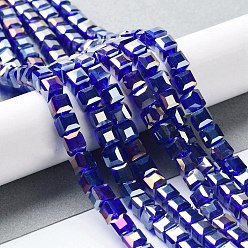 Blue Electroplate Glass Beads Strands, AB Color Plated, Faceted, Cube, Blue, 6x6x6mm, Hole: 1mm, about 100pcs/strand, 22 inch
